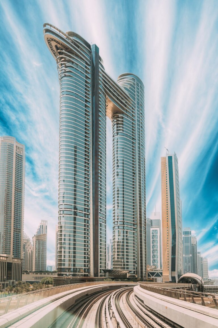 Metro road among glass skyscrapers in Dubai